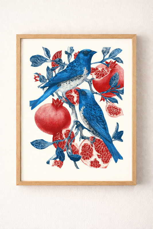 Mavi Kuş ve Bereket Narı İllüstrasyon Çerçeveli Tablo - Mutfak ve Salon Dekoru