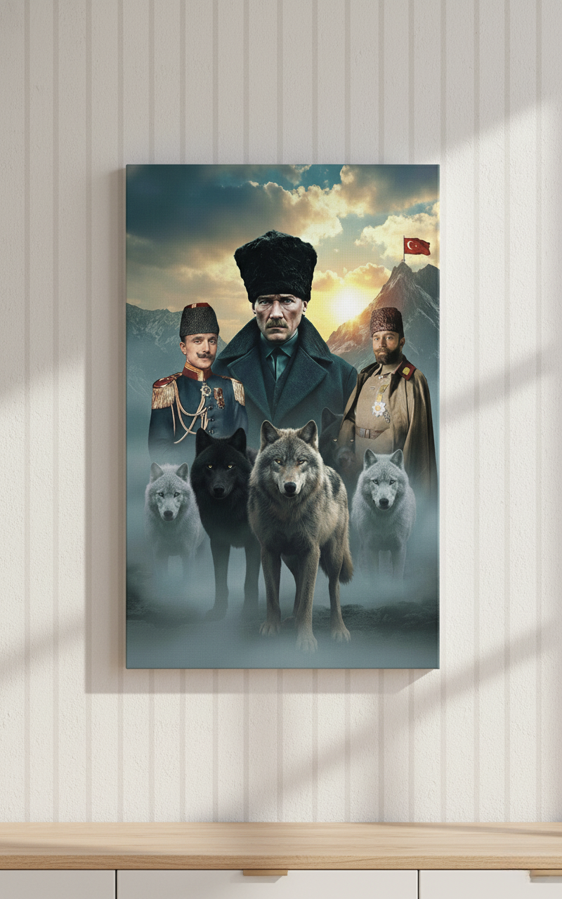 Atatürk, Enver Paşa ve Cemal Paşa Kahramanlık Temalı Kanvas Tablo | İttihat ve Terakki Ruhunu Yansıtan Efsane Komutanlar