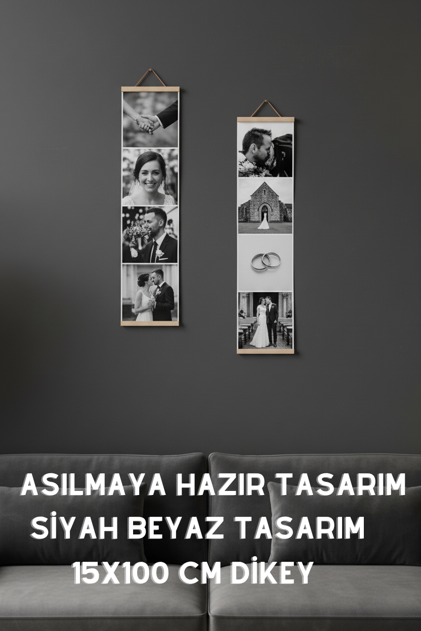 Kişiye Özel 4 Fotoğraflı Siyah Beyaz Poster | 15x100 cm Asılmaya Hazır Dikey Tasarım- Düğün Fotoğrafı