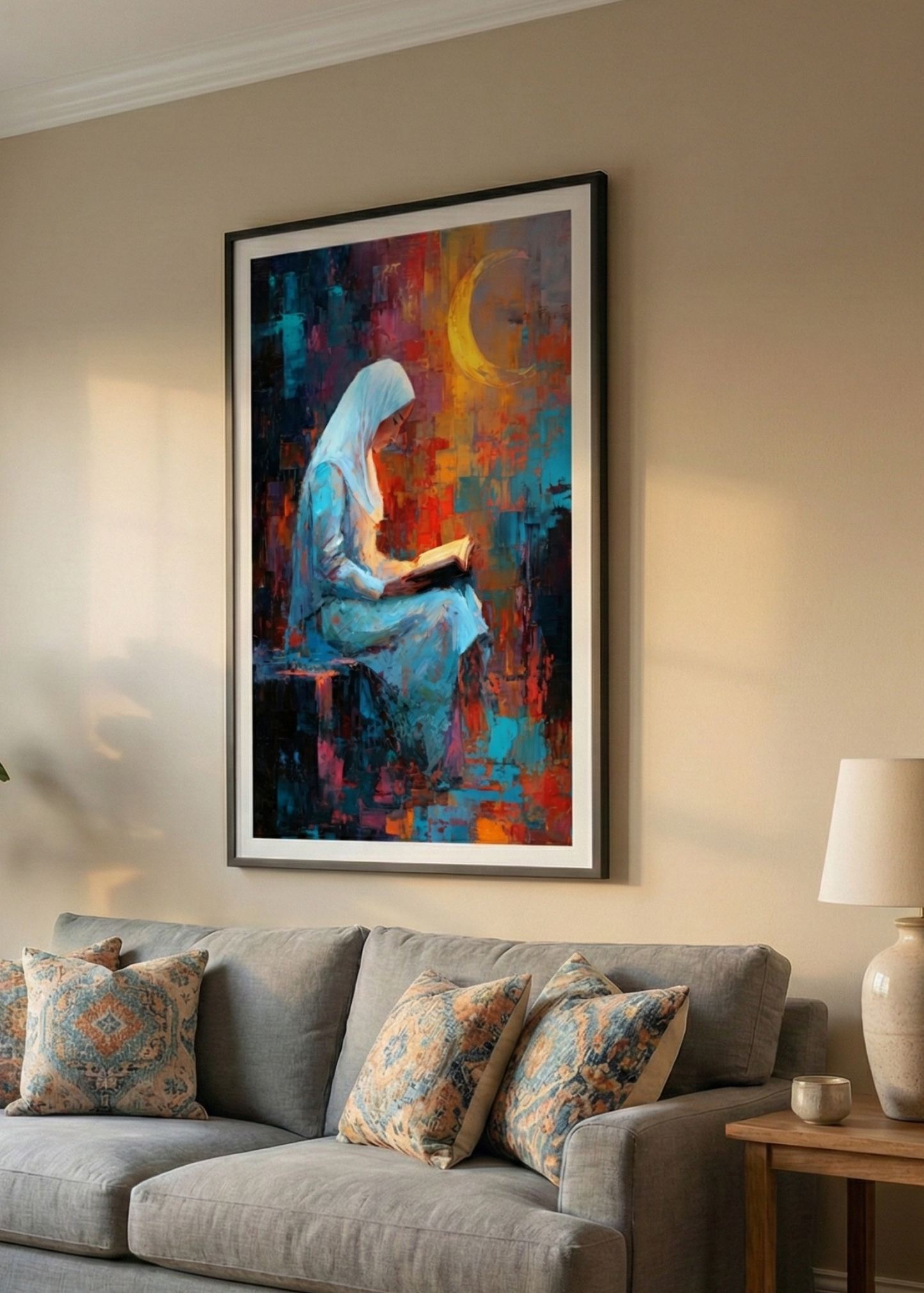 Manevi Huzur: Hilal Altında Kitap Okuyan Kadın Siyah Çerçeveli Tablo