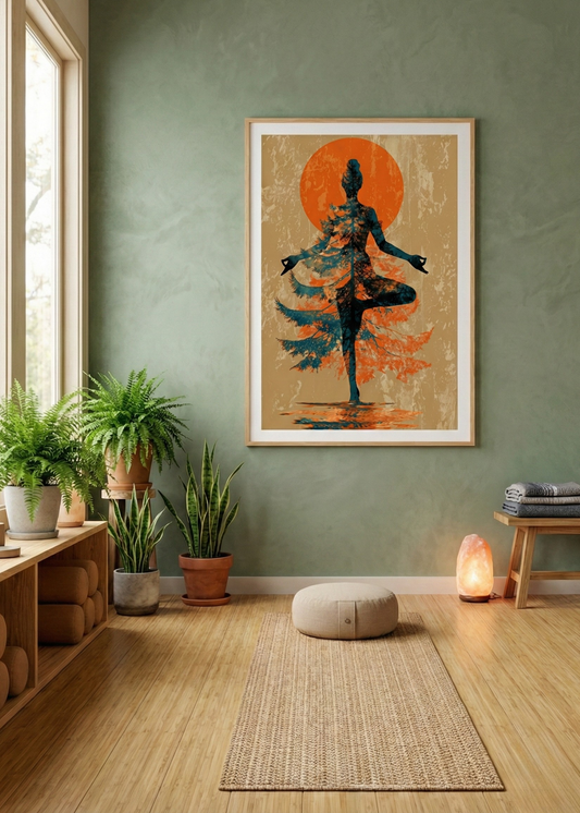 Doğayla Bütünleşen Yoga Temalı Çerçeveli Tablo - Zen Duvar Dekoru