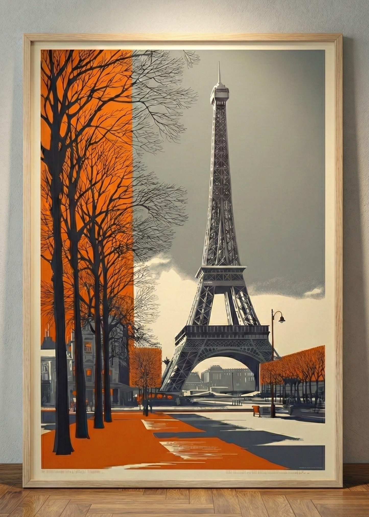 Paris Eyfel Kulesi Vintage Retro Çerçeveli Tablo - Turuncu Siyah Duvar Dekoru