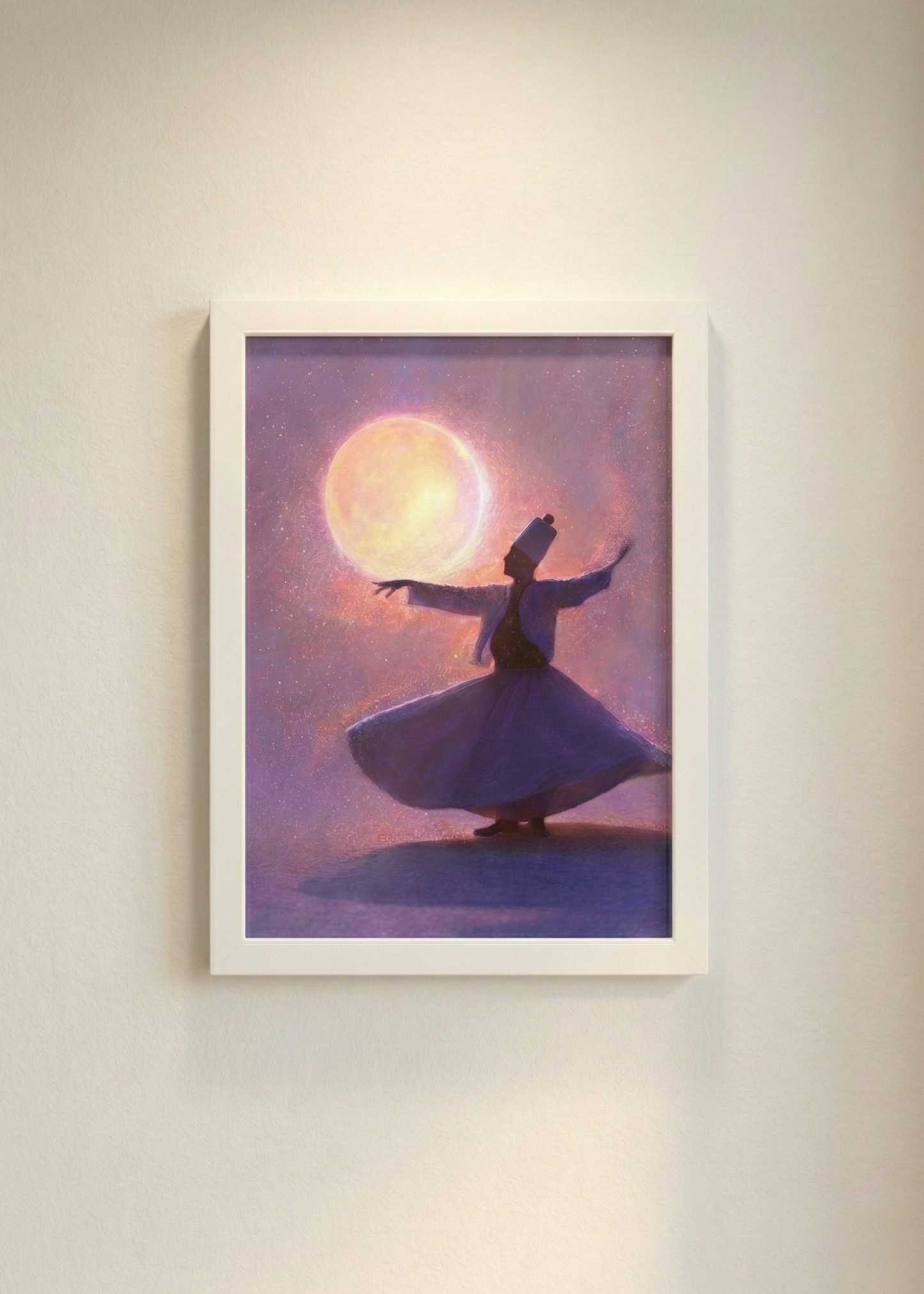 Yıldızlı Gökyüzünde Semazen Tasarım Beyaz Çerçeveli Tablo - Manevi Duvar Dekoru