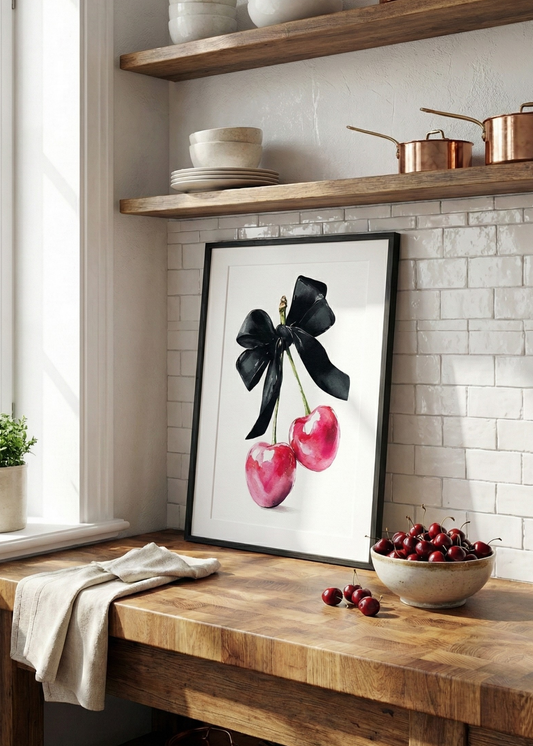 Coquette Stil Siyah Fiyonklu Kiraz Çerçeveli Tablo - Şık ve Sanatsal Mutfak Dekoru