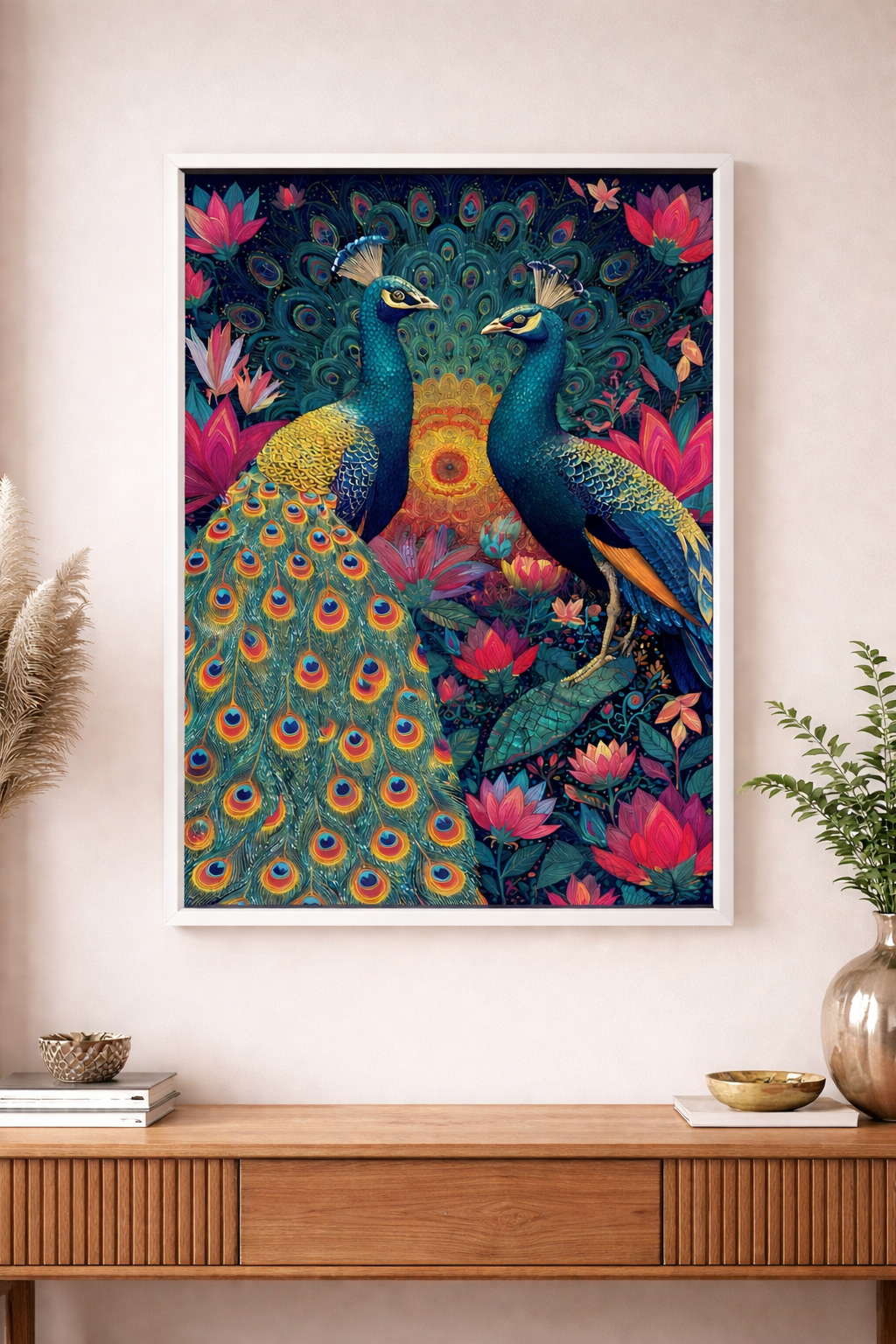 Çerçeveli Tavus Kuşu Tasarım Tablo - Modern Renkli Duvar Sanatı