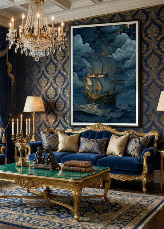 Van Gogh Stili Yıldızlı Gece Yelkenli Gemi Kanvas Tablo - Modern Salon Duvar Dekoru