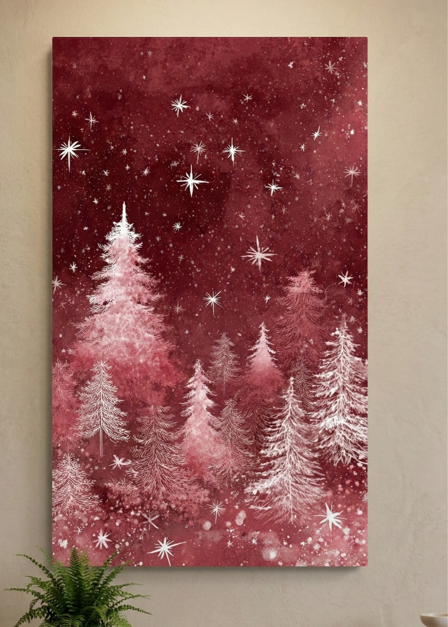 Kırmızı Yılbaşı Çam Ormanı Kanvas Tablo – Yeni Yıl Hediyesi, Noel Dekoru, Işıltılı Yılbaşı Duvar Süsü