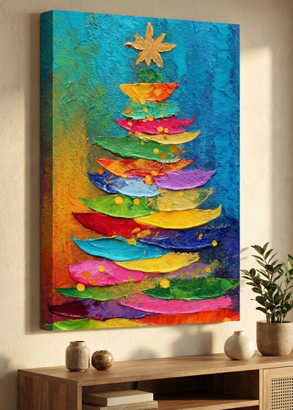 Yılbaşı Hediyesi Renkli Yılbaşı Ağacı Kanvas Tablo Dekoratif Duvar Tablosu