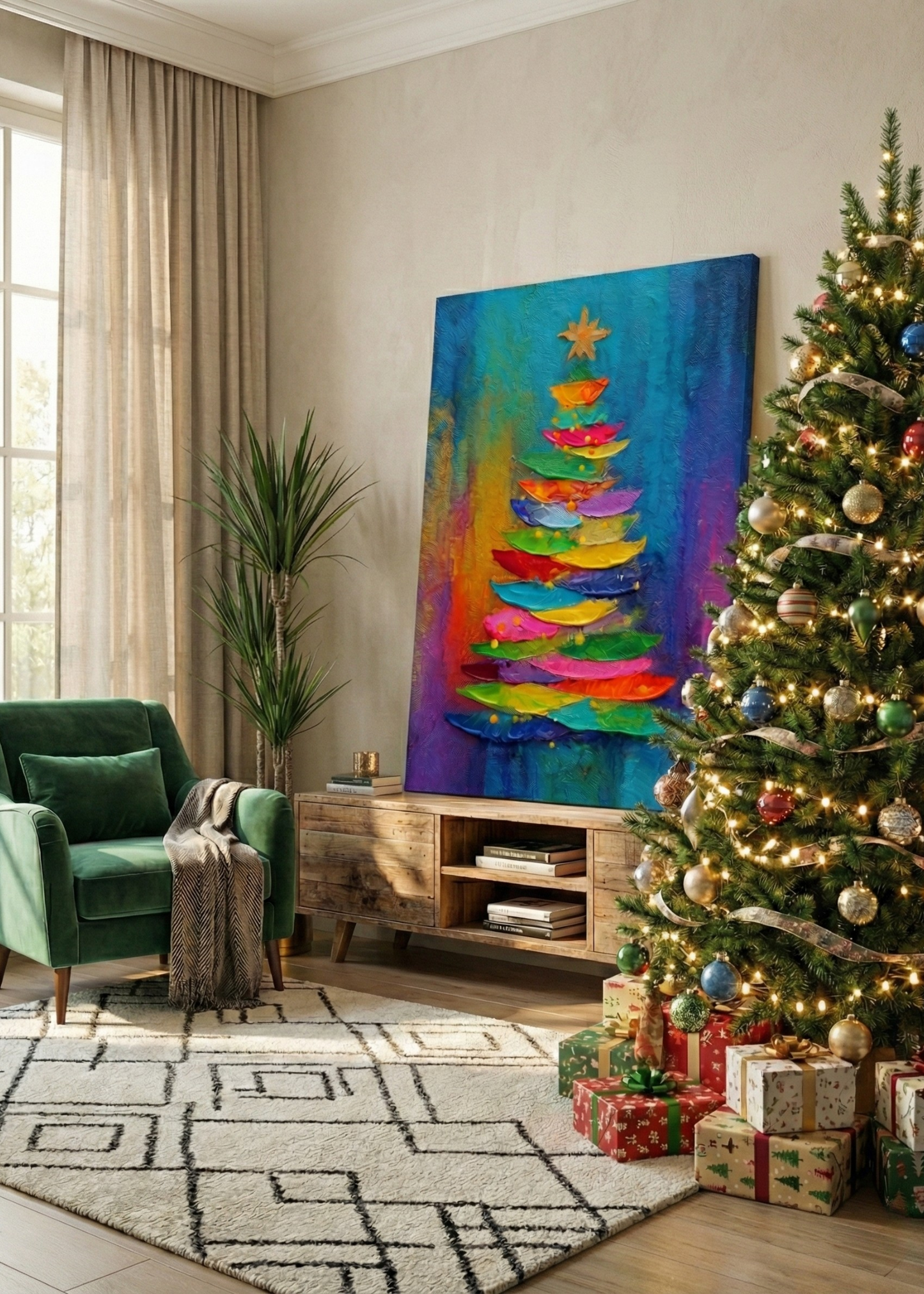 Yılbaşı Hediyesi Renkli Yılbaşı Ağacı Kanvas Tablo Dekoratif Duvar Tablosu