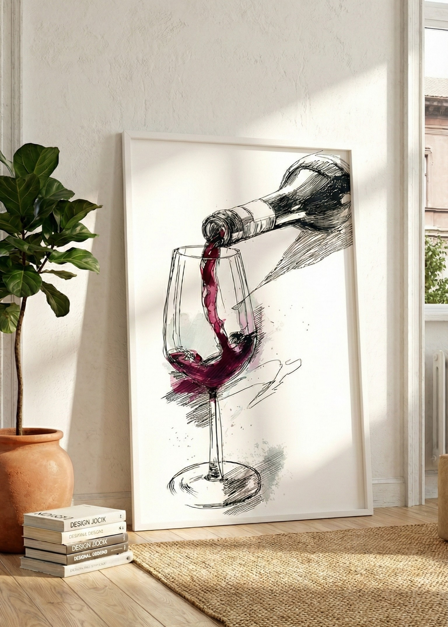 Şarap Temalı Çizim Stil Çerçeveli Tablo Modern Duvar Dekoru