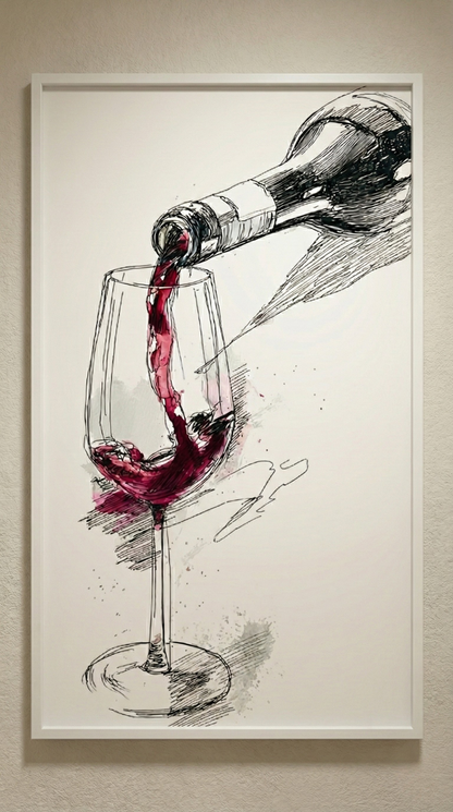 Şarap Temalı Çizim Stil Çerçeveli Tablo Modern Duvar Dekoru