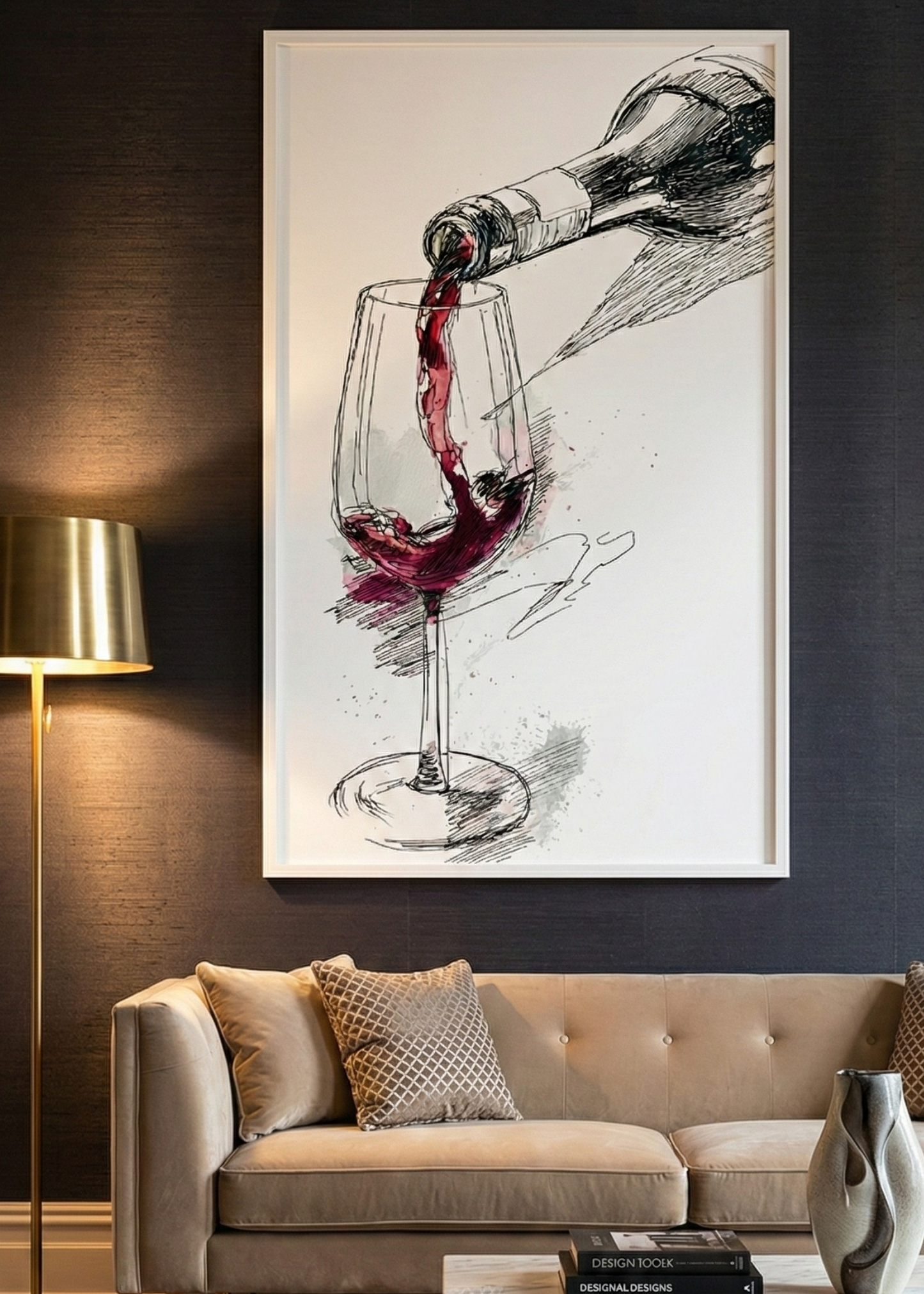 Şarap Temalı Çizim Stil Çerçeveli Tablo Modern Duvar Dekoru