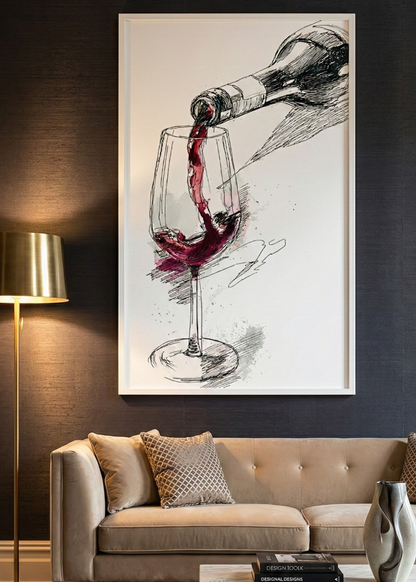 Şarap Temalı Çizim Stil Çerçeveli Tablo Modern Duvar Dekoru