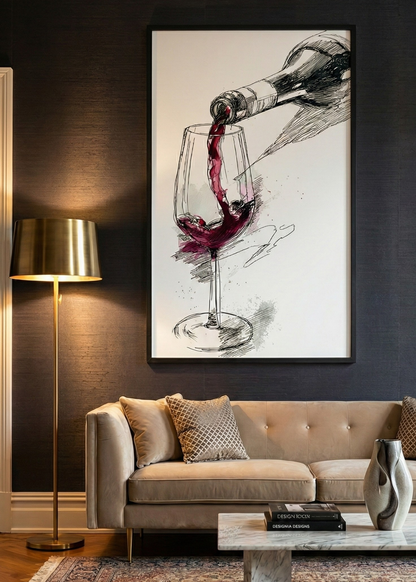 Şarap Temalı Çizim Stil Çerçeveli Tablo Modern Duvar Dekoru