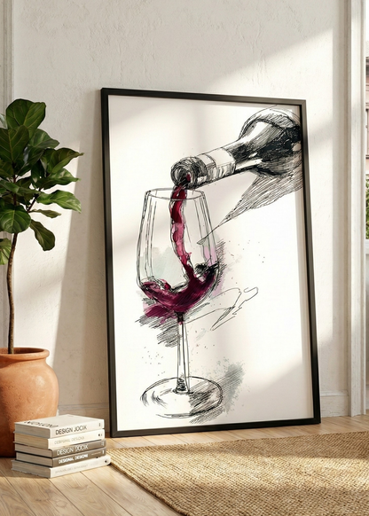 Şarap Temalı Çizim Stil Çerçeveli Tablo Modern Duvar Dekoru
