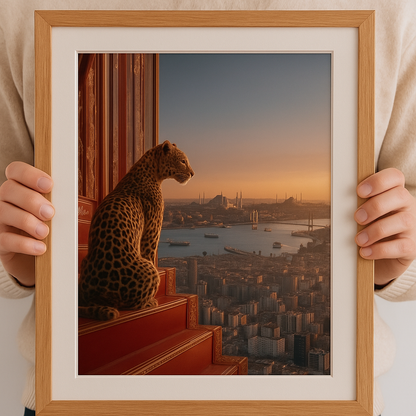 İstanbul Manzaralı Leopar Tablo | Gün Batımı ve Boğaz Silüetli Çerçeveli Duvar Dekoru