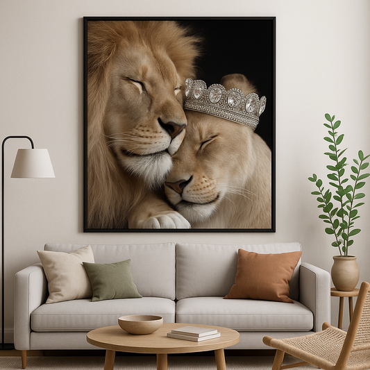 Aslan Çifti Taçlı Siyah Çerçeveli Tablo | Aşk ve Asalet Temalı Duvar Dekoru