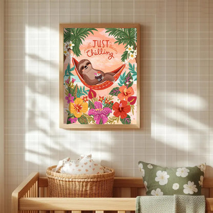 Renkli Çiçekler Arasında Hamağında Dinlenen Tembel Hayvan Tablosu 🌸🌴