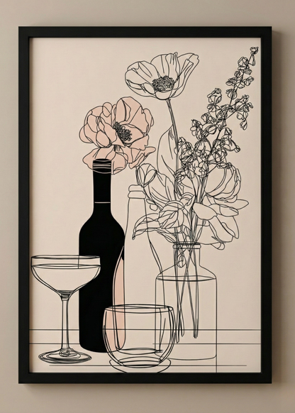 Çizgi Stil Çiçek ve Şişe Tasarımlı Dekoratif Kanvas Tablo – Mutfak ve Salon Duvar Dekoru