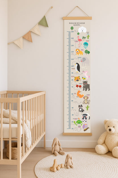Hayvanlı Kanvas Boy Ölçer Cetvel – Ahşap Çıtalı, Asmaya Hazır (10–150 cm)