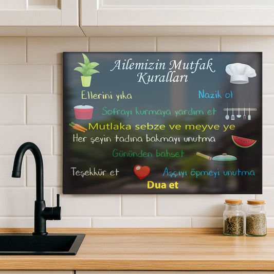 Ailemizin Mutfak Kuralları – Tamperli Cam Duvar Tablosu (Isıya Dayanıklı, Asmaya Hazır)