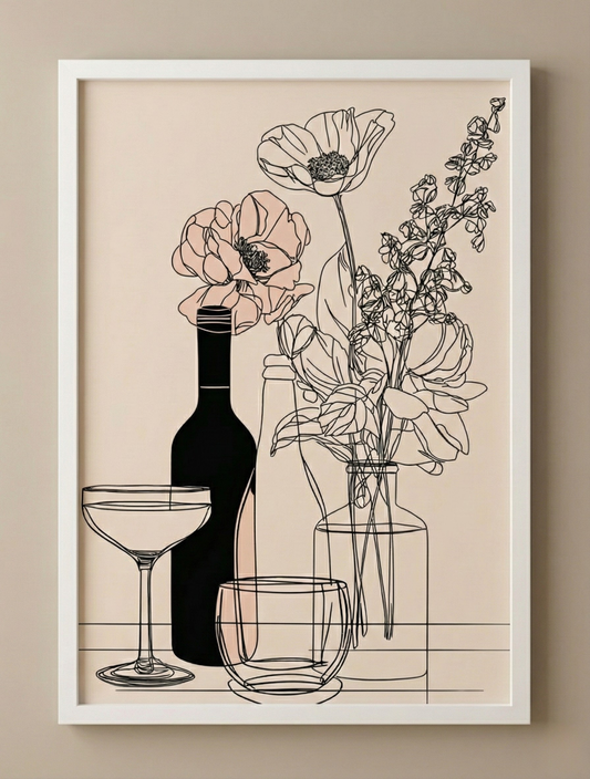 Çizgi Stil Çiçek ve Şişe Tasarımlı Dekoratif Kanvas Tablo – Mutfak ve Salon Duvar Dekoru