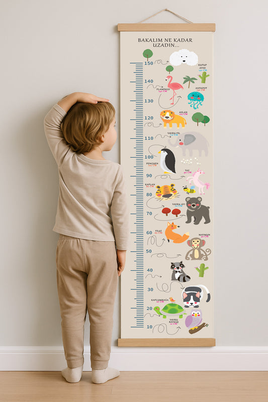 Hayvanlı Kanvas Boy Ölçer Cetvel – Ahşap Çıtalı, Asmaya Hazır (10–150 cm)