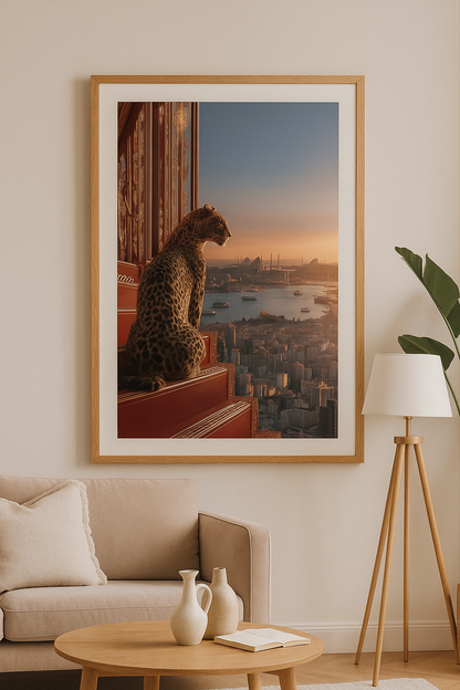 İstanbul Manzaralı Leopar Tablo | Gün Batımı ve Boğaz Silüetli Çerçeveli Duvar Dekoru