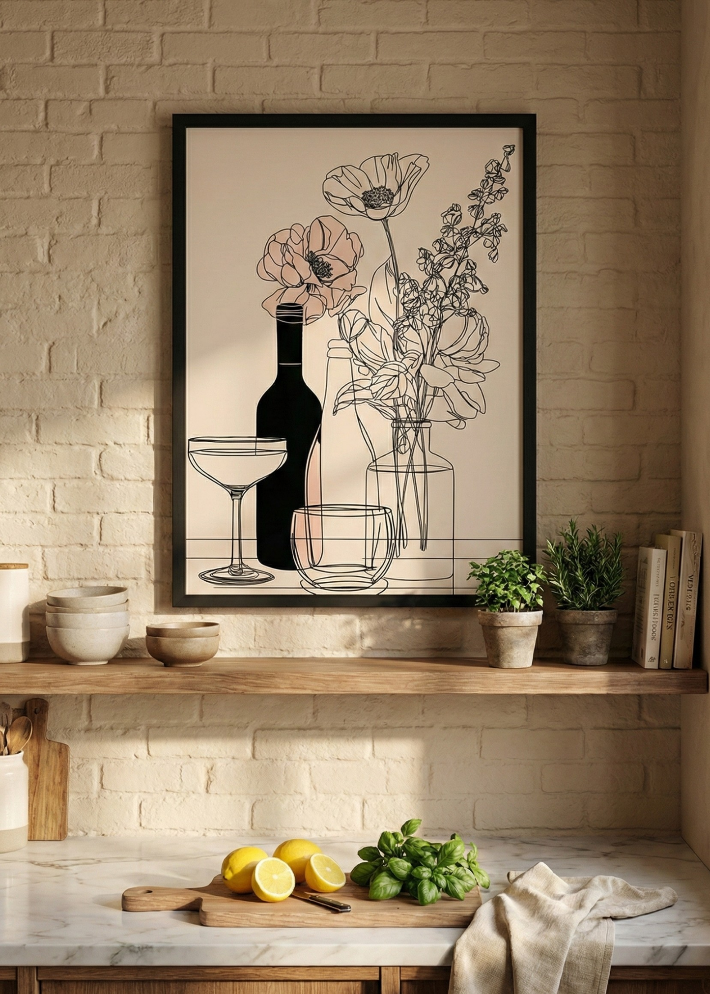 Çizgi Stil Çiçek ve Şişe Tasarımlı Dekoratif Kanvas Tablo – Mutfak ve Salon Duvar Dekoru