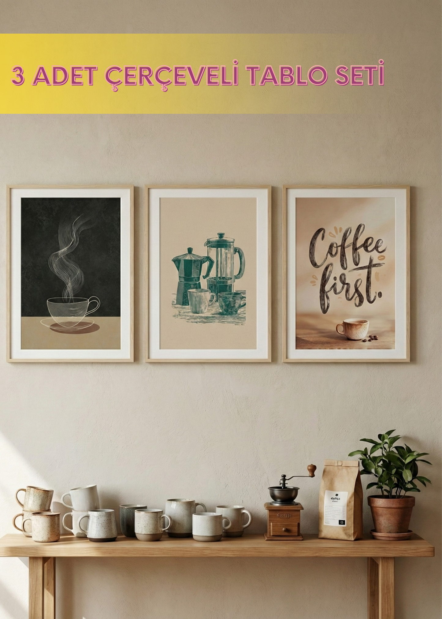 Mutfak ve Kahve Köşesi İçin 3'lü Şık Çerçeveli Tablo Seti