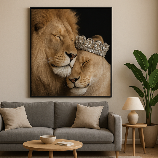 Aslan Çifti Taçlı Siyah Çerçeveli Tablo | Aşk ve Asalet Temalı Duvar Dekoru