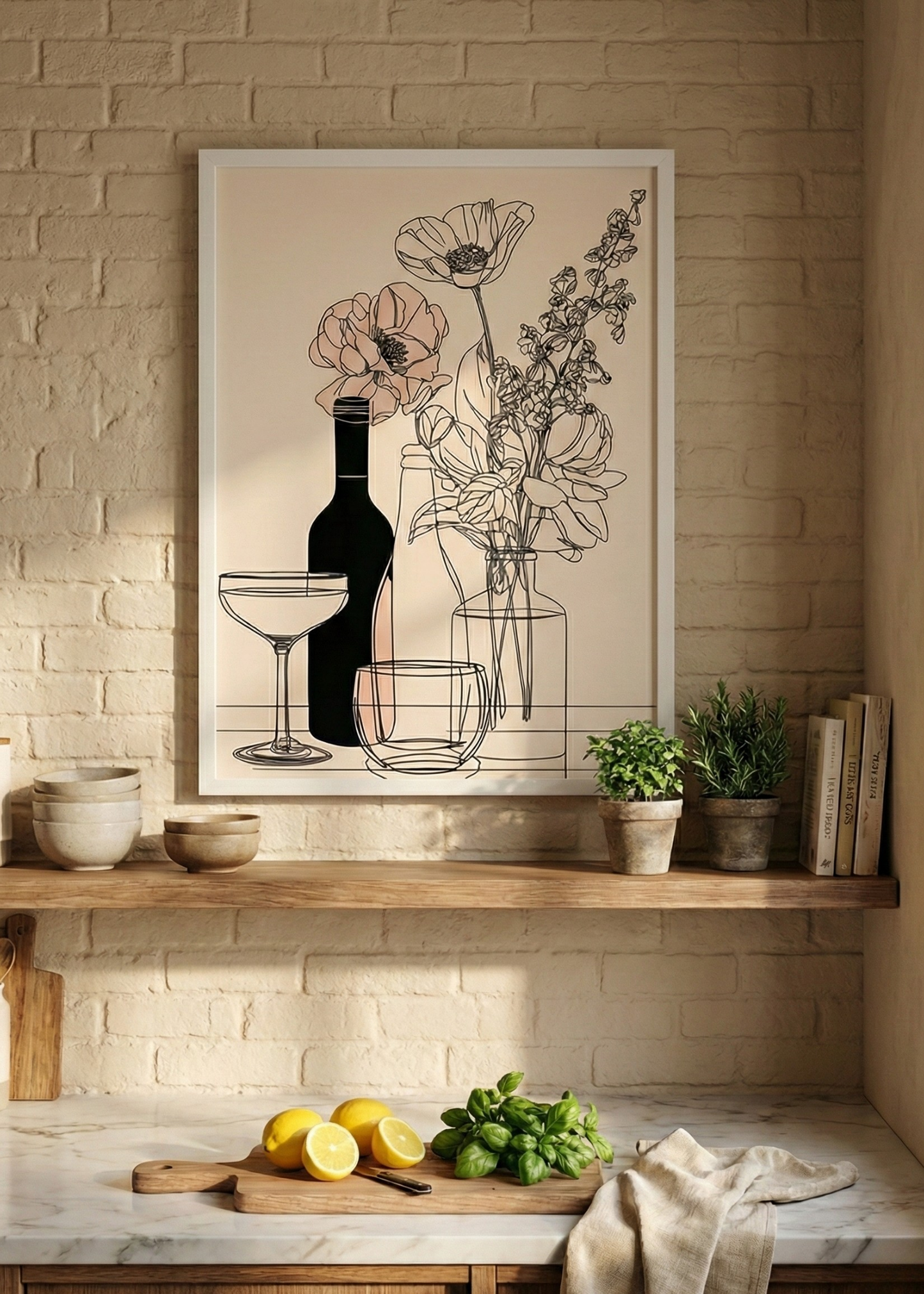 Çizgi Stil Çiçek ve Şişe Tasarımlı Dekoratif Kanvas Tablo – Mutfak ve Salon Duvar Dekoru