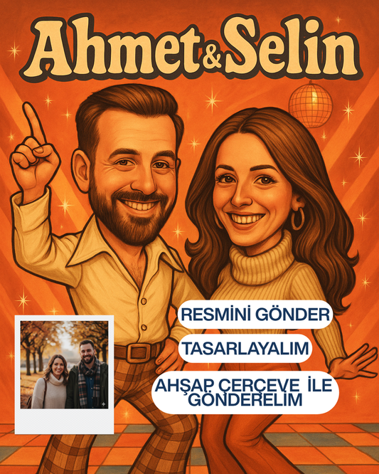 Kişiye Özel 70’ler Tarzı Karikatürize Çerçeveli Tablo – Sevgiliye Retro Disco Temalı Hediye