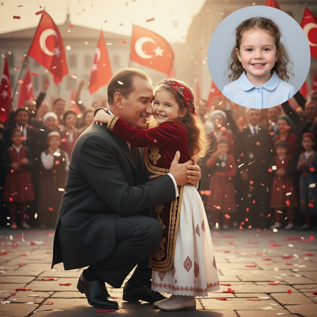 Ulu Önder Atatürk ile Aynı Karede! Kişiye Özel Kanvas Tablo | Çocuk Fotoğrafı – Milli Bayram Hediyesi