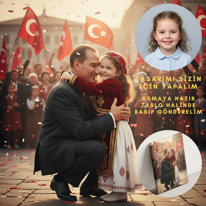 Ulu Önder Atatürk ile Aynı Karede! Kişiye Özel Kanvas Tablo | Çocuk Fotoğrafı – Milli Bayram Hediyesi