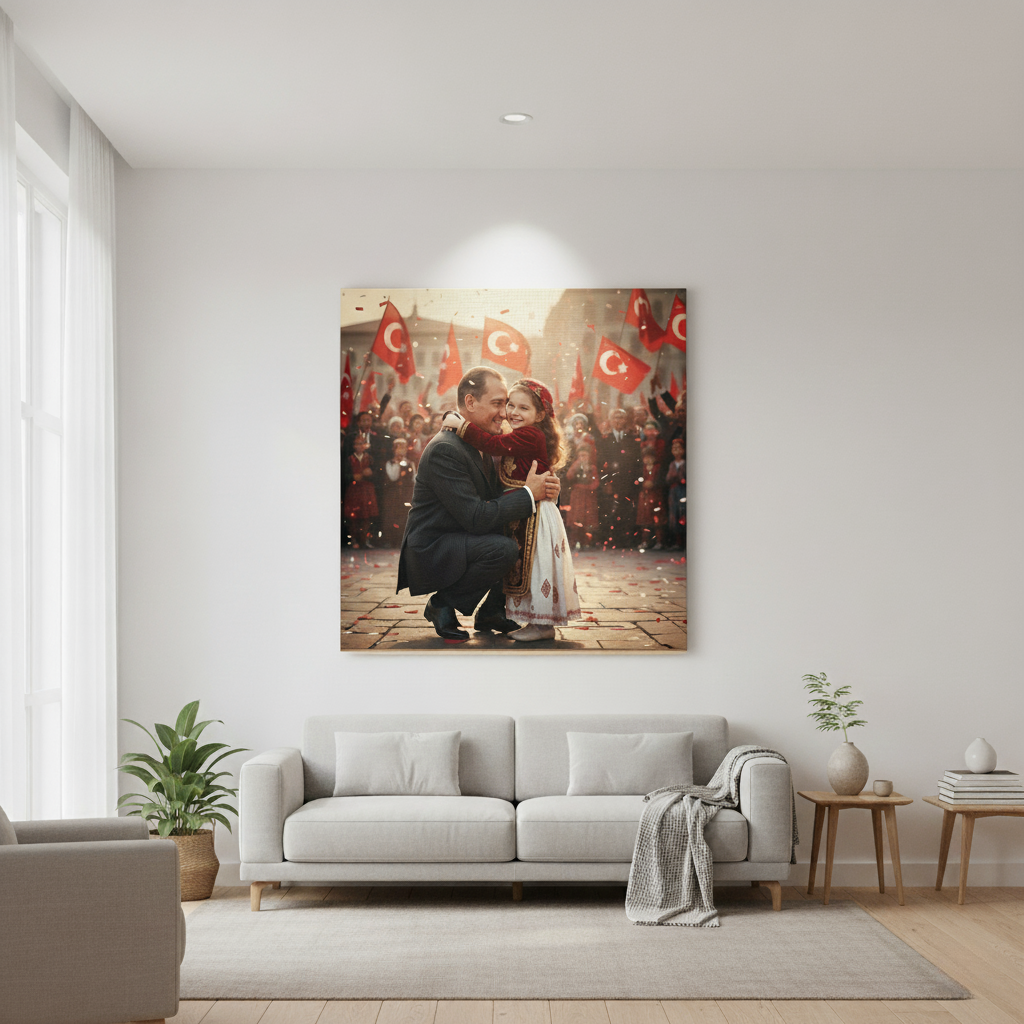 Ulu Önder Atatürk ile Aynı Karede! Kişiye Özel Kanvas Tablo | Çocuk Fotoğrafı – Milli Bayram Hediyesi