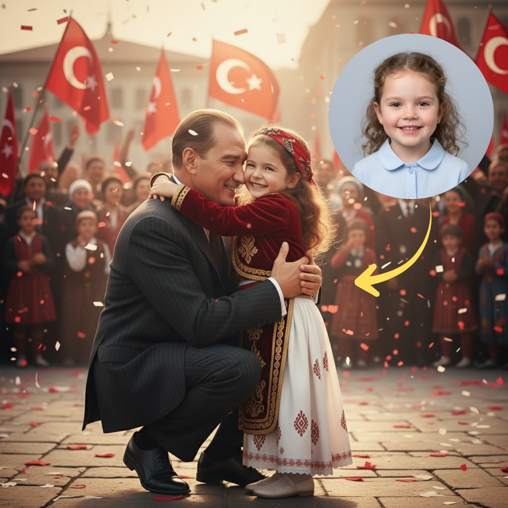 Ulu Önder Atatürk ile Aynı Karede! Kişiye Özel Kanvas Tablo | Çocuk Fotoğrafı – Milli Bayram Hediyesi