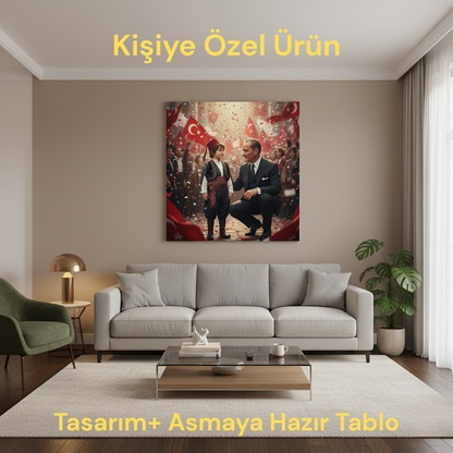 Ulu Önder Atatürk ile Aynı Karede! Kişiye Özel Kanvas Tablo | Çocuk Fotoğrafı – Milli Bayram Hediyesi