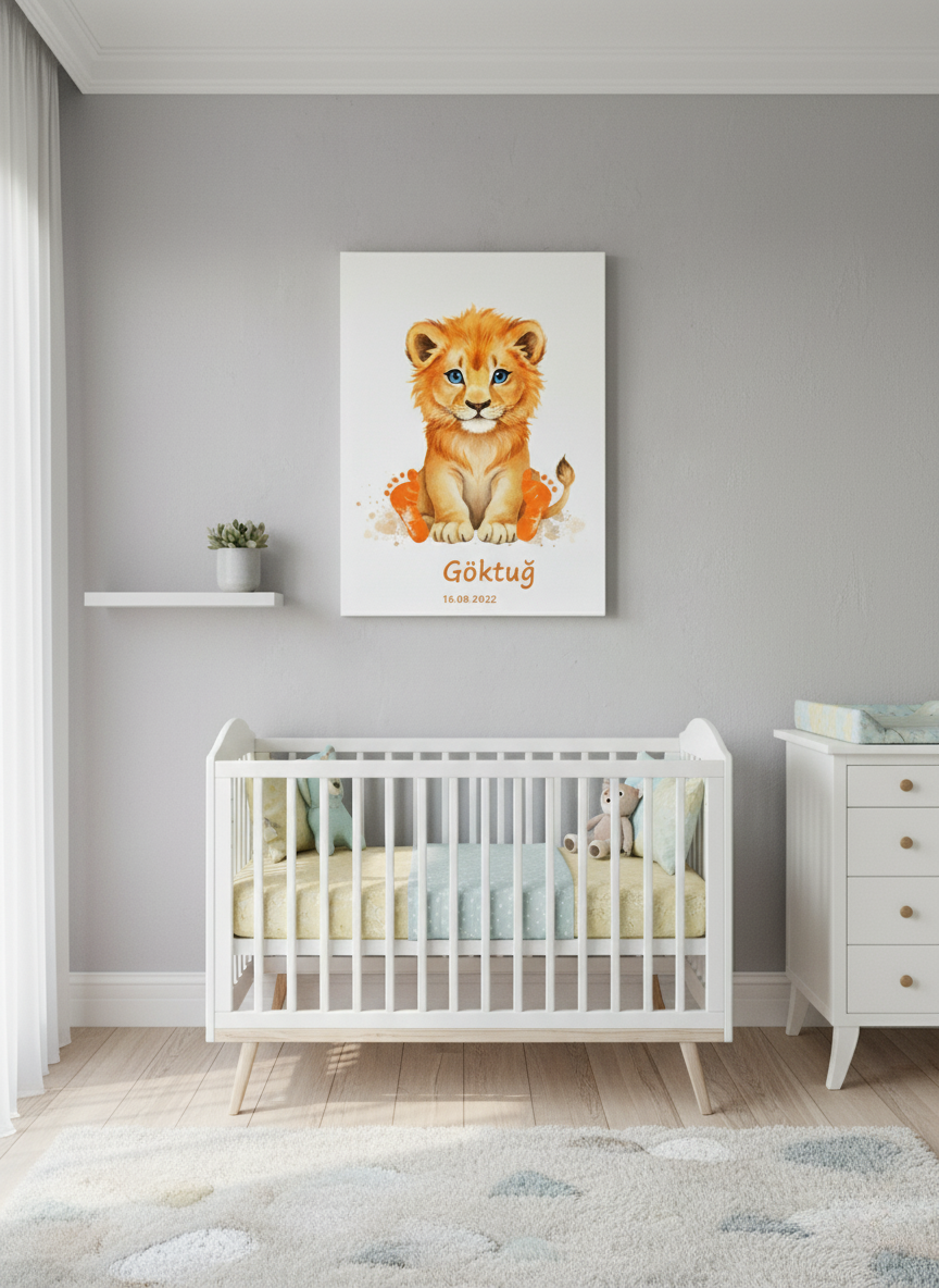 Kişiye Özel Bebek Ayak İzi Tablo Kiti – İsim ve Doğum Tarihli Hatıra Aslan Tasarımı – Boya Dahil Anı Tablosu