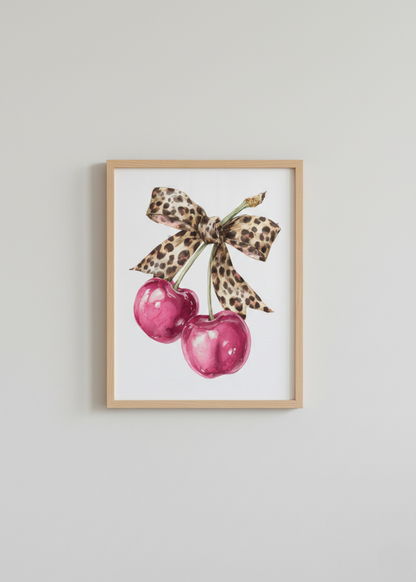 Leopar Fiyonklu Kiraz Tasarım Çerçeveli Tablo - Modern Mutfak ve Salon Dekoru