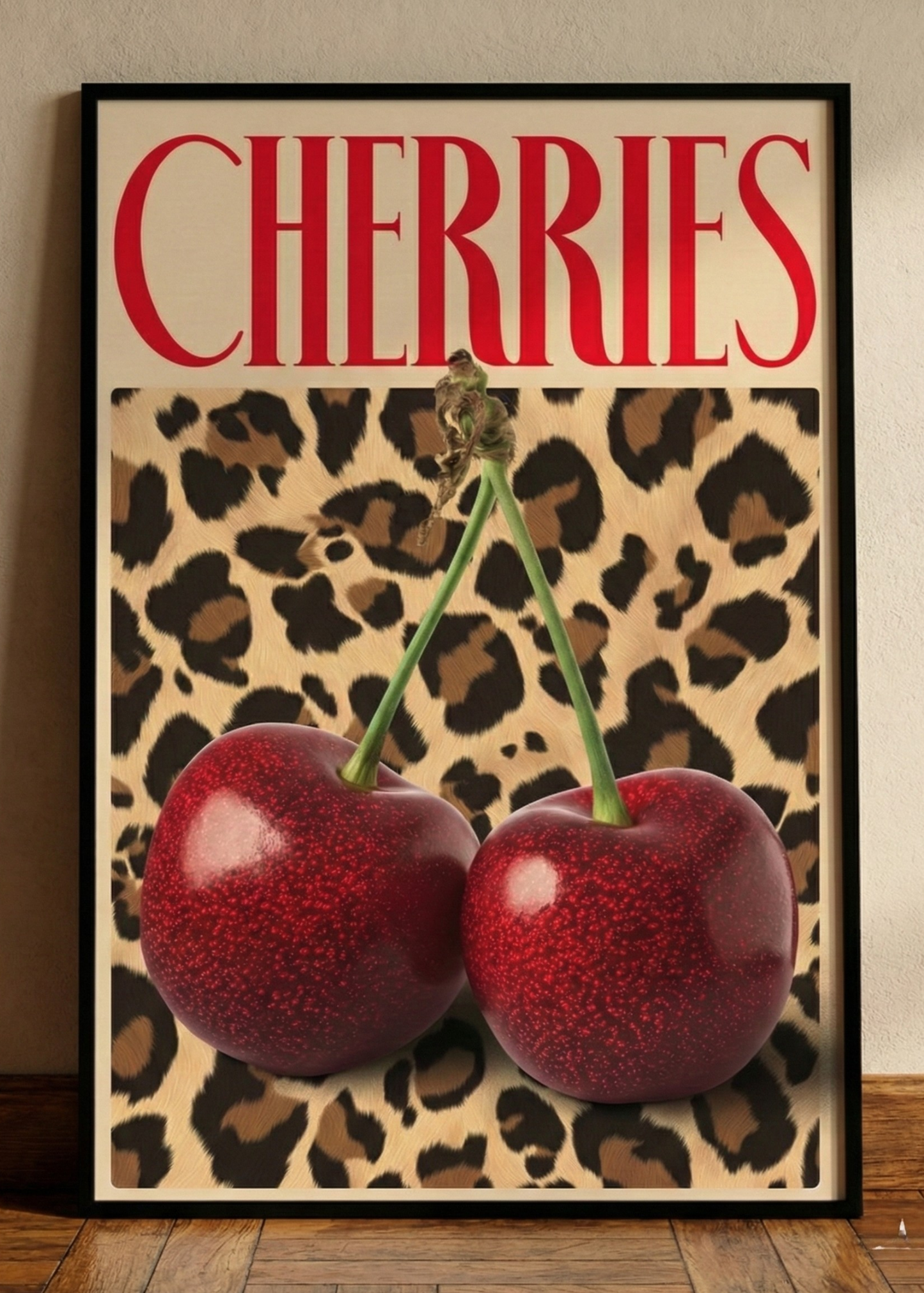 Cherries Yazılı Leopar Desenli Dekoratif Çerçeveli Duvar Tablosu