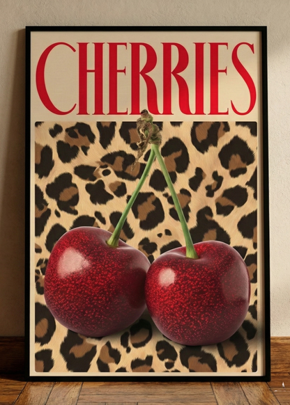 Cherries Yazılı Leopar Desenli Dekoratif Çerçeveli Duvar Tablosu