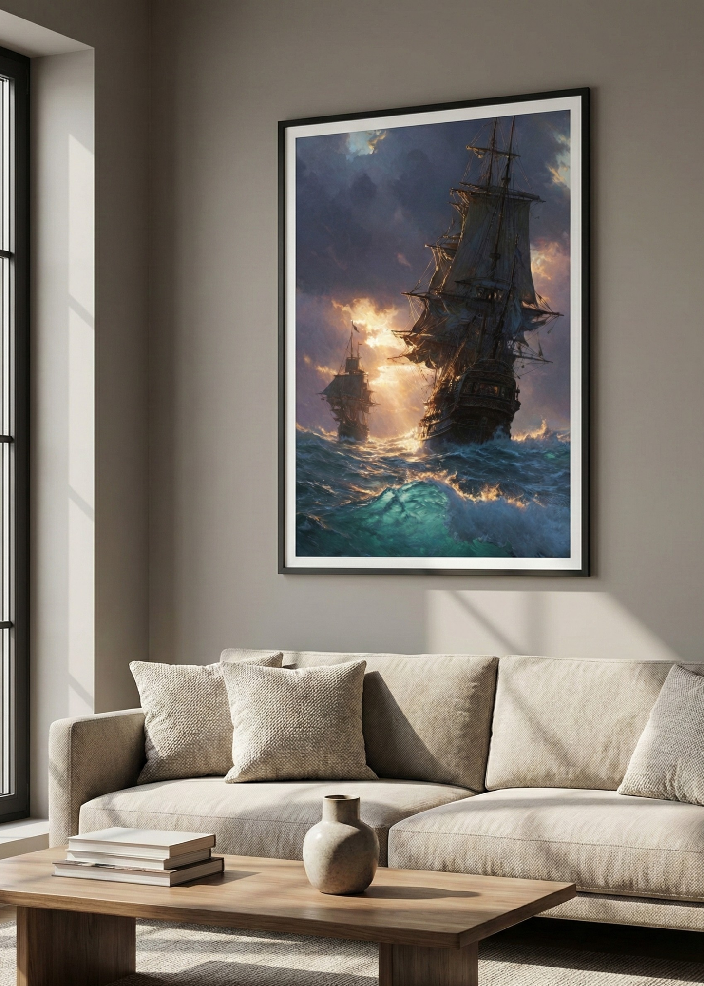 Nostaljik Yelkenli Gemi Temalı Dekoratif Çerçeveli Duvar Tablosu