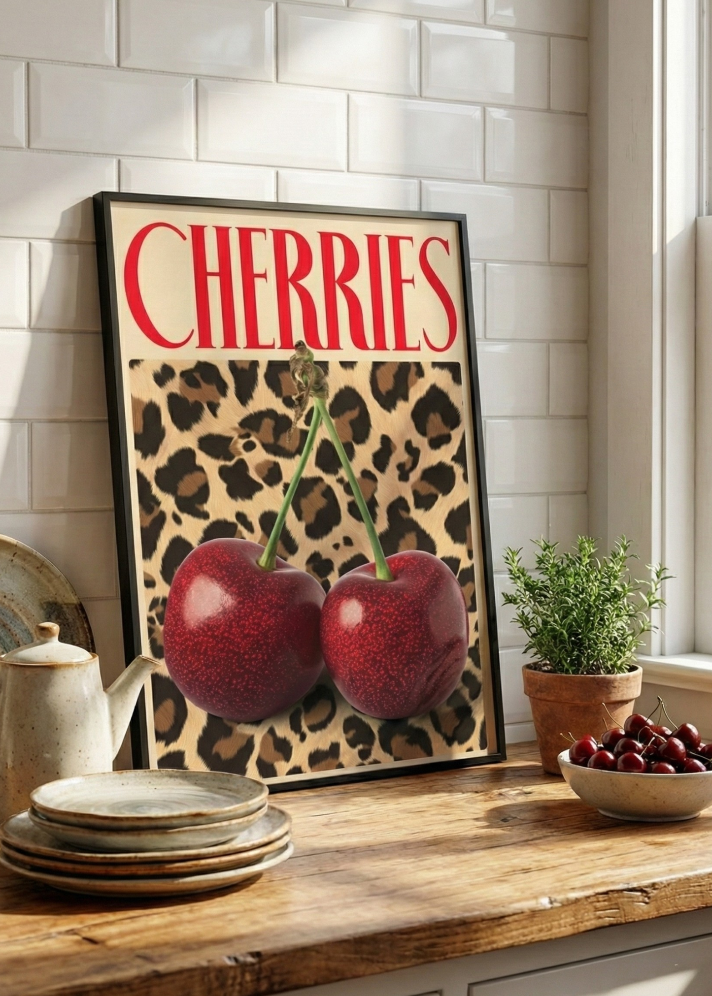 Cherries Yazılı Leopar Desenli Dekoratif Çerçeveli Duvar Tablosu