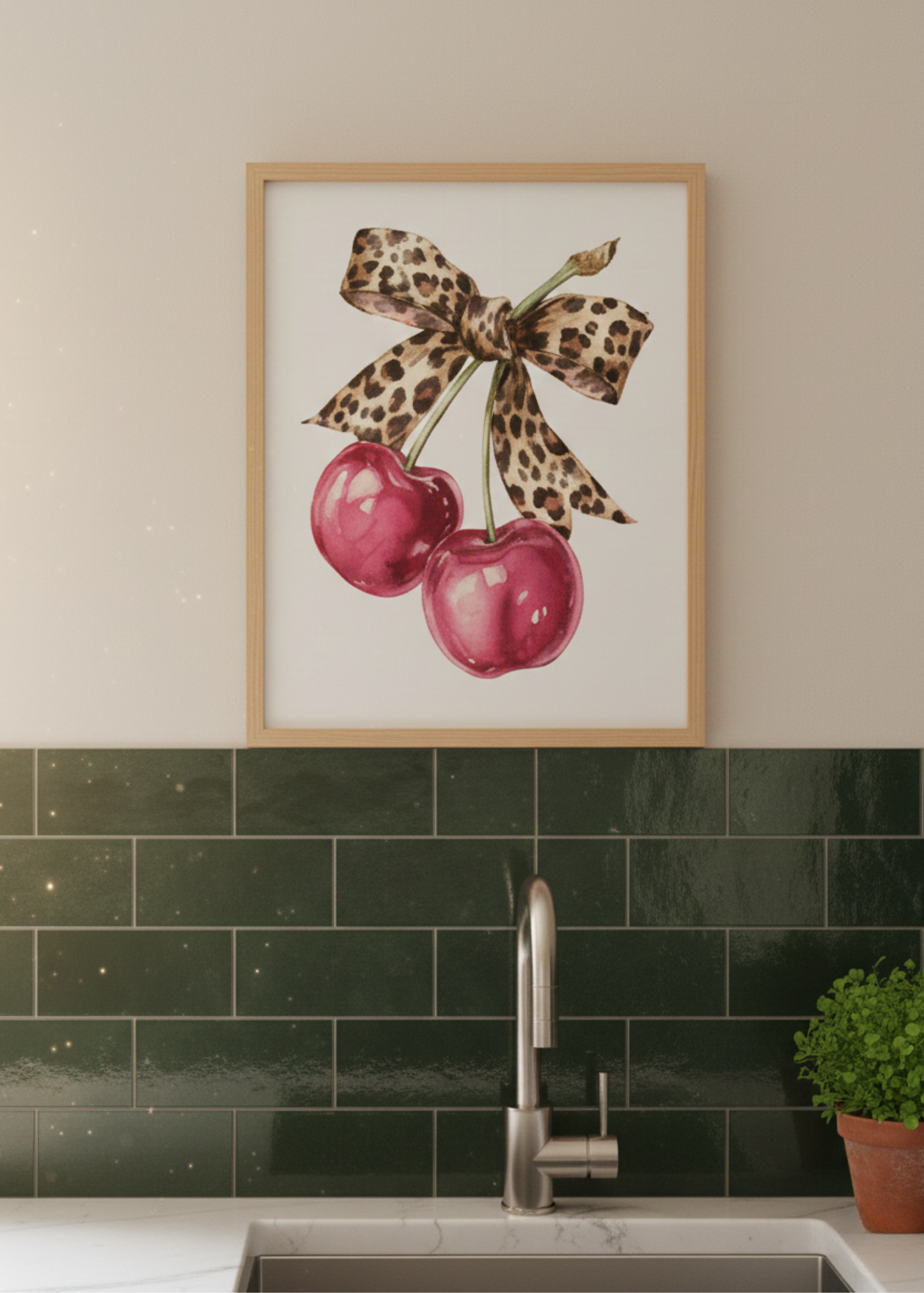 Leopar Fiyonklu Kiraz Tasarım Çerçeveli Tablo - Modern Mutfak ve Salon Dekoru