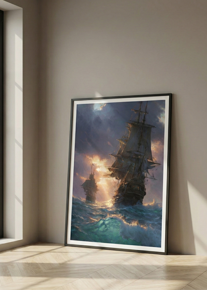 Nostaljik Yelkenli Gemi Temalı Dekoratif Çerçeveli Duvar Tablosu