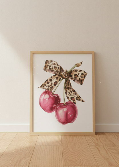 Leopar Fiyonklu Kiraz Tasarım Çerçeveli Tablo - Modern Mutfak ve Salon Dekoru