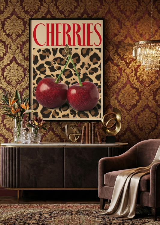 Cherries Yazılı Leopar Desenli Dekoratif Çerçeveli Duvar Tablosu