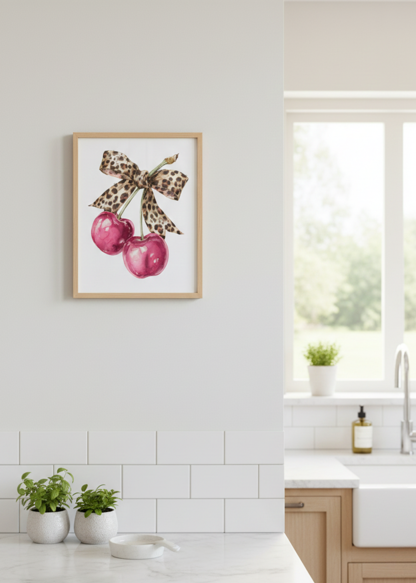 Leopar Fiyonklu Kiraz Tasarım Çerçeveli Tablo - Modern Mutfak ve Salon Dekoru