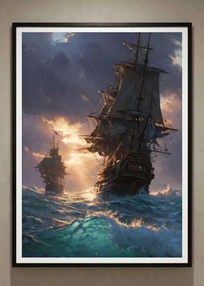 Nostaljik Yelkenli Gemi Temalı Dekoratif Çerçeveli Duvar Tablosu
